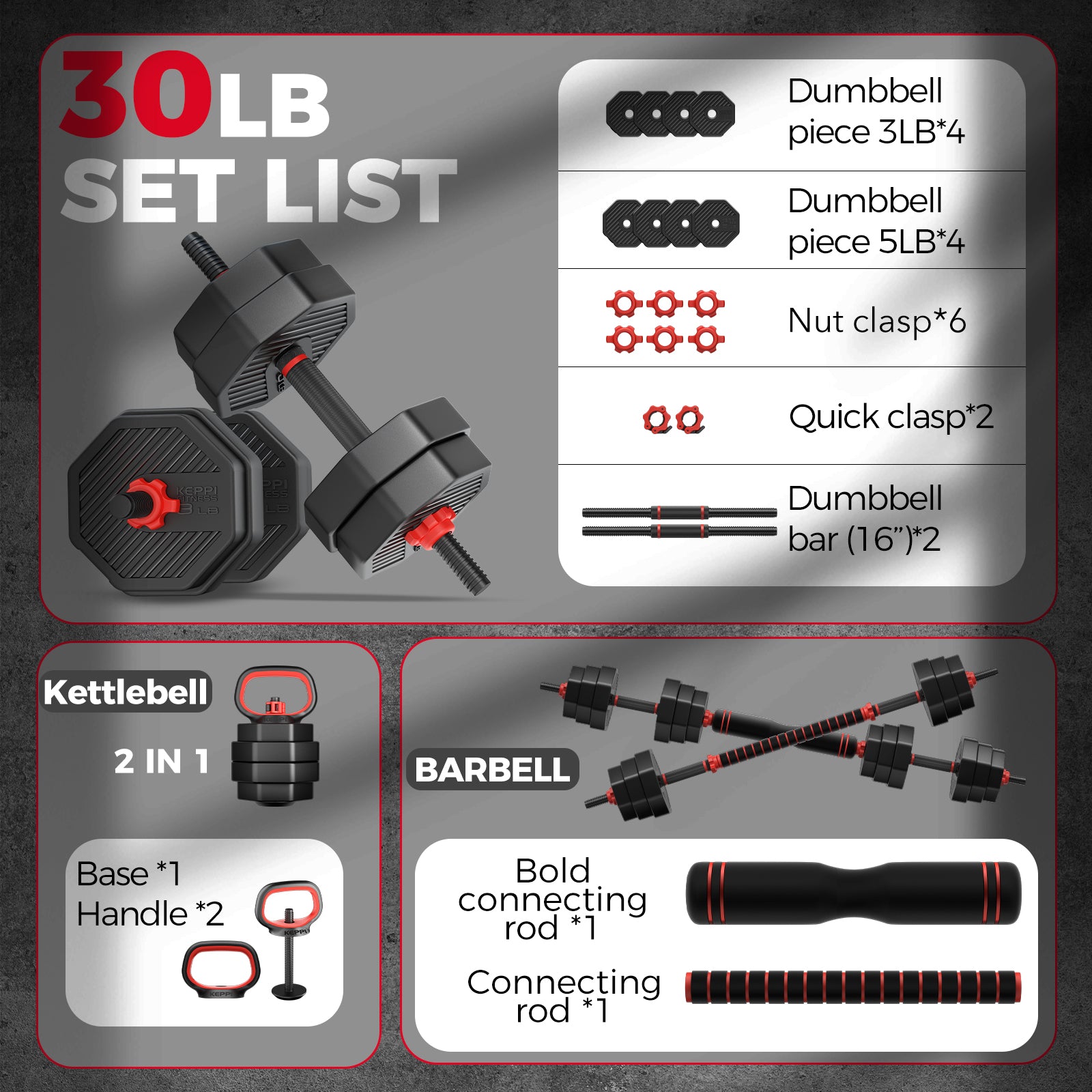 KeppiFitness Adjustable Dumbbell Set, 30/50/70/90 lb Free Weight Set