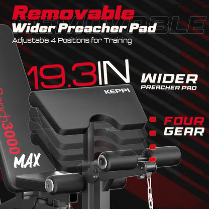 Keppi 3000 max adjustable bench with removable wider preacher pad