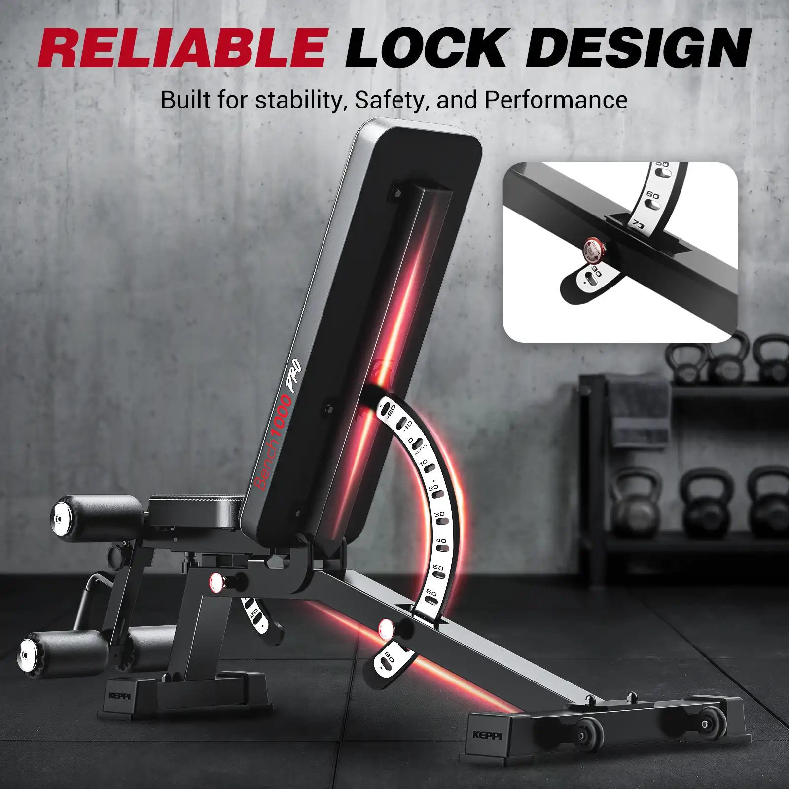 Keppi adjustable weight bench with reliable lock design