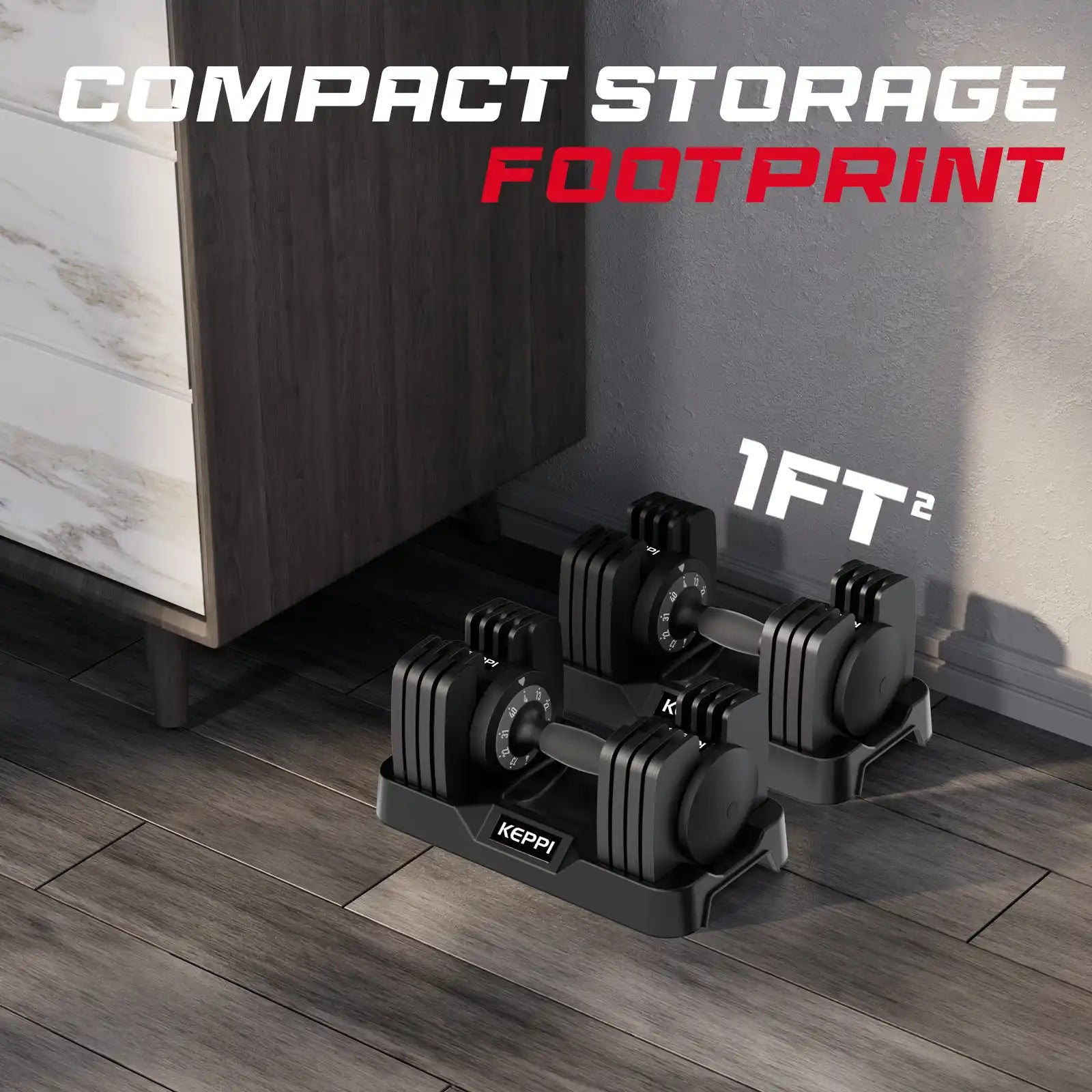 Keppi dba40 adjustable dumbbells with compact storage footprint
